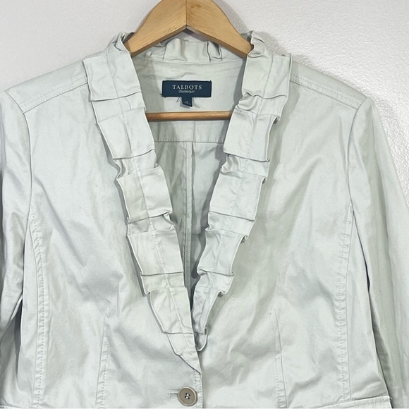 Talbots Blazer Vintage Women’s 12 Khaki Long Sleeve Pocket Front Ruffle New Y2K - Picture 3 of 12